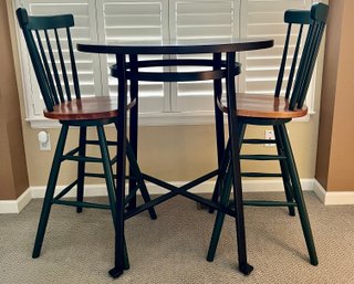 Wood Top Pub Table With Metal Base And 2 Swivel Chairs