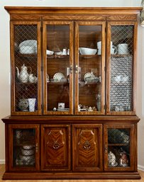 Beautiful 2 Piece China Hutch Made Of Walnut, Glass Panels Have Decorative Wire (contents Not Included)