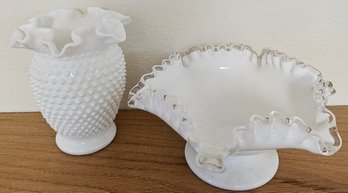 2 Handkerchief Style Milk Glass Bowls Incl 1 Hobnail