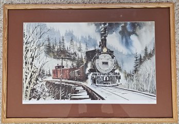 318 Train Water Color Painting Print In Wooden Frame Signed By Artist Numbered 215/255