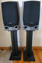 Set Of 2 Aiwa Speakers On Black Stands