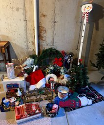 Large Lot Of Christmas Decor Incl Wreath, Mini Tree, Foliage, Wooden Snowman Bell Hanger, Candles & More