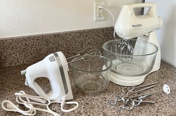 West Bend Stand Mixer, KitchenAid Hand Mixer With Attachments & Glass Bowls (tested)