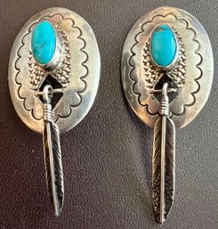 NAVAJO 925 STERLING SILVER NATIVE AMERICAN FEATHER TURQUOISE EARRINGS DANGLE  8 Grams