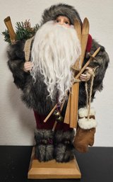 Fun Santa Statue With Faux Fur Coat, Wooden Skis, & More