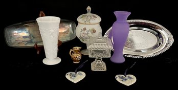 Collection Of Home Decor Incl Silverplate, Milk Glass, Pressed Glass & Frosted Glass