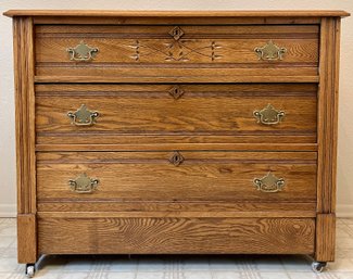 Antique Oak Sideboard With 3 Drawer & On Casters