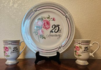 25th Anniversary Fine Porcelain Plate & Mugs Set By Chatillon Made In Japan