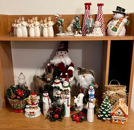 Large Lot Of Christmas Decor Incl Resin & Wood Snowmen, Angels, Foliage & More
