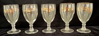 5 Antique Goldtone Wheat Footed Drinking Glasses 1950's