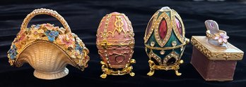 4 Vintage Alloy Trinket Boxes Incl. Eggs, Purse And High Heel