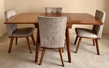 Mid-Century Wooden Dining Table With Drop Leaves & 4 Upholstered Chairs (with Leaf)