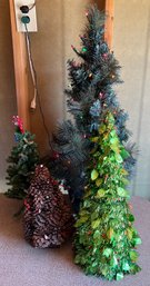 Lot Of 4 Christmas Trees Incl Lighted, Pinecone, Tinsel & More