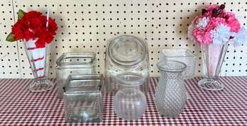 Lot Of Glass Vases & Neat Vintage Glass Candy Jar