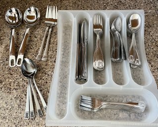 Stainless Steel Flatware Setting For 12 By Delco Laguna & Additional Serving Utensils (tray Not Included)