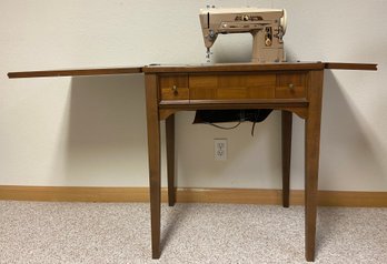 Vintage Singer Sewing Machine With Table (tested), Tons Of Supplies Incl Thread, Buttons, Fabric & Much More