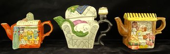 3 Cute Miniature Tea Pots Incl. Hardware, Antique, And Cat Napping