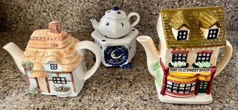 Homey Ceramic Teapots (1 Country Home, 1 Sweet Shop) & Celestial Tea Theme Candle Decor
