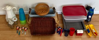 Large Lot Of Kitchen Essentials Incl Wicker Trays, Baskets, Plastic Cups, Broil Pan, Water Bottles & More