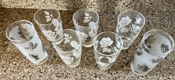 7 Floral Drinking Glasses, 2 Etched Glasses & 5 Goldtone Rose Printed Glasses