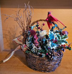 Red Cardinal & Foliage Bouquet In Small Wicker Basket