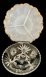 Vintage Milk Glass Divided Platter With Goldtone Trim & Footed Cut Crystal Glass Candy Dish