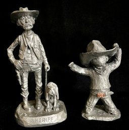 2 Great Pewter Statues Incl. Sheriff With Dog & Cowboy Stamped Heritage & Hudson