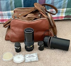 Soligor Camera Lens W Leather Case & Manual, 2 Film Canisters W Case & Brown Leather Handbag