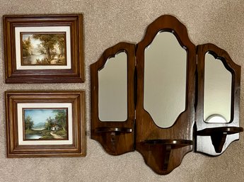 Folding Wooden Mirror & 2 Homey Framed Art Pieces