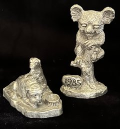 2 Vintage 1985 Dogs & Koala Pewter Statues Signed By Michael Ricker Numbered 749 & 2410