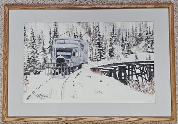 Snowy Train Car Scene In Wooden Frame Signed By Artist