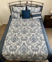 Queen Bed Set With Metal Frame On Casters, Mattress, Box Spring, & Bedding