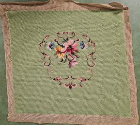 Hand Made Needle Point Art With Green Background & Floral Design