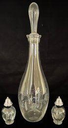 Collection Of Etched Glass Kitchenware Incl Wine Decanter & Salt And Pepper Shakers