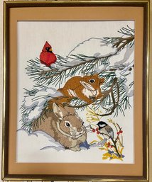 Hand Made Forest Animal Scene Cross Stitch In Gold Tone Frame