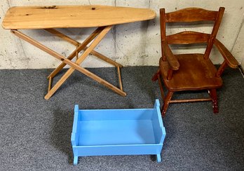 Vintage Wooden Childrens Toys Incl Ironing Board, Chair & Blue Painted Cradle