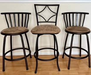 3 Metal Kitchen Barstools With Brown Suede Padded Cusions