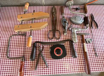 Lot Of Vintage Tools Incl Saw, Cork Opener, Tape Measures & More