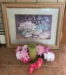 Beautiful Flower Art Print In Gold-tone Wooden Frame & Candle With Glass Base And Faux Flowers