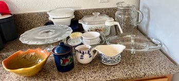 Large Lot Of Kitchen Essentials Incl Casserole Dishes, Serving Platters, Cake Stand & More