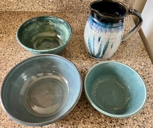 Hand Thrown Pottery Mixing Bowls & Pitcher