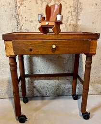 Cute Handmade Wooden Butcher Block Sewing Table On Casters With Thread Holding Rocking Chair