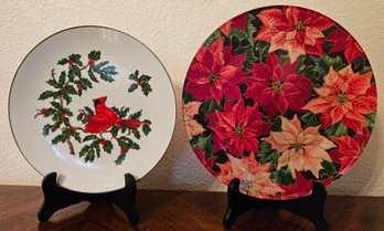 2 Christmas Theme Decorative Plates Incl Poinsettias & Red Cardinal