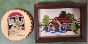 2 Art Pieces Incl Southwest Theme Clay Plaque & House Scene Stitch In Wood Frame