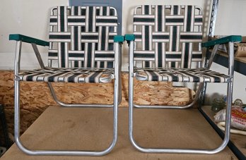 2 Collapsible Yard Chairs With Green Weaved Fabric Seats