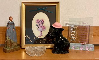 An Assortment Of Home Decor Incl. Glass 'mom' Plaque, Ceramic Horse, Wooden Forest Woman, Trinket Box