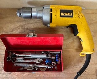 Dewalt DW235G 1/2' VSR Corded Drill, Tested And Works, Collection Of Small Sockets And Tools With Hard Case