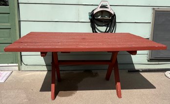 Perfect Backyard Addition.. Red Painted Wood Picnic Table & Garden Hose With Attachment