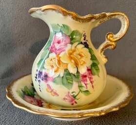 Vintage Ceramic Floral Pitcher & Wash Basin With Goldtone Trim By Lefton China