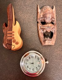 Small Wooden Wolf Face W/ Wooden Guitar Puzzle & Clock Paper Weight